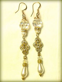 pearl drop earrings by oohjacquelina on Etsy, $125.00 Gold Dangle Necklaces With Sparkling Stones, Adjustable Sparkling Gold Necklace, Gold Teardrop Necklace With Sparkling Stones, Dainty Gold Rhinestone Jewelry, Jeweled Crystal Dangle Jewelry, Crystal Jeweled Dangle Jewelry, Vintage Teardrop Jewelry With Diamond Accents, Exquisite Crystal Dangle Jewelry, Crystal Dangle Jewelry With Jewels