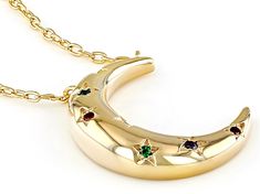 Bella Luce® blue, purple, green, and garnet diamond simulants 0.10ctw round, Eterno™ 18k yellow gold over sterling silver celestial necklace. Measures approximately 18.00" W x 0.03" L and has a 2" extender and lobster claw clasp closure. Necklace drop measures approximately 0.69" L x 0.56" W. Gold Multi-stone Jewelry For May Birthstone, Gold-toned Sterling Silver Multi-stone Jewelry, Gold Multi-stone Sterling Silver Jewelry, Gold Jewelry With Diamond Accents For May Birthstone, Celestial Necklace, Diamond Simulant, Purple Green, Lobster Claw, Blue Purple