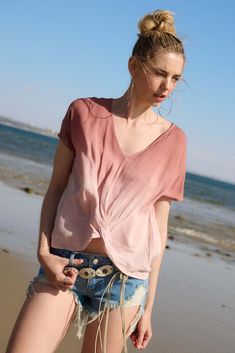 After the Rain Ombre V-Neck Twist-Front Top - ShopPromesa Twist Front Top, Layered Sweater, After The Rain, Kimono Sleeves, Short Kimono, Long Crop Top, Dip Dye, V Neckline, Crepe Fabric