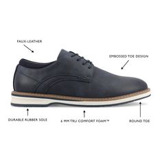 Meet the Leon dress shoe from Vance Co., a refined and comfortable choice featuring a 1-inch block heel, lace-up closure, and round toe design. Crafted with faux leather, fabric lining, and a 12 mm Tru Comfort Foam™ footbed, it provides both style and cushioned support for various occasions. The rubber outer sole ensures reliable traction, making the Leon a sophisticated and practical addition to your footwear collection. Synthetic Round Toe Lace-up Shoes For Work, Synthetic Lace-up Shoes For Work With Round Toe, Synthetic Brogue Lace-up Shoes With Flat Heel, Synthetic Lace-up Shoes With Brogue Detailing And Flat Heel, Synthetic Brogue Lace-up Oxfords, Business Casual Synthetic Oxfords With Brogue Detailing, Synthetic Lace-up Oxfords With Brogue Detailing, Casual Synthetic Oxfords With Almond Toe, Lace-up Synthetic Oxfords With Brogue Detailing