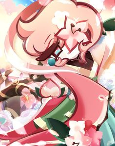 an anime character with pink hair and green eyes, holding onto a large object in her hand