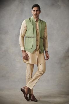 Shop for Gargee Designers Green Silk Bundi And Kurta Set for Men Online at Aza Fashions Fitted Green Outerwear For Eid, Fitted Green Nehru Jacket For Eid, Fitted Green Nehru Jacket For Spring, Fitted Green Sherwani For Spring, Green Fitted Nehru Jacket For Spring, Fitted Pista Green Nehru Jacket With Long Sleeves, Fitted Green Bandhgala For Spring, Spring Green Fitted Bandhgala, Pista Green Fitted Nehru Jacket With Long Sleeves