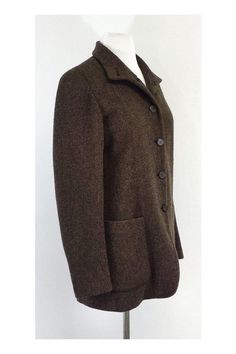 Size 4 Brown Wool Jacket Body 56% Wool 12% Nylon 18% Acetate Made in the USA Buttons on front Lightly padded shoulders Side pockets Shoulder to Hem 27" Fitted Casual Tweed Jacket, Fitted Casual Tweed Jacket With Pockets, Tailored Fall Blazer With Pockets, Fitted Brown Outerwear With Flap Pockets, Winter Notch Lapel Blazer With Pockets, Fitted Long Coat With Pockets, Fitted Notch Lapel Outerwear With Patch Pockets, Winter Formal Blazer With Flap Pockets, Winter Blazer With Welt Pockets