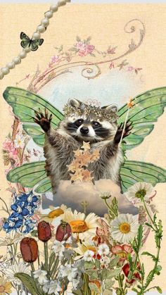 a raccoon is surrounded by flowers and butterflies