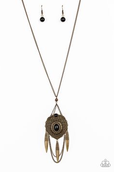 Paparazzi Accessories-Cactus Canyon - Brass Necklace Item #P2TR-BRXX-086XX Earthy black beads are pressed into a stacked brass pendant embossed with ornate circular patterns. Swinging from the bottom of a lengthened brass chain, the colorful pendant gives way to layered brass chains and brass beads radiating with swirling textures for a tribal inspired finish. Features an adjustable clasp closure. Bling Necklace, Brass Beads, Black Bead Necklace, Brass Necklace, Paparazzi Accessories, Exclusive Jewelry, Paparazzi Jewelry, Brass Pendant, Online Earrings