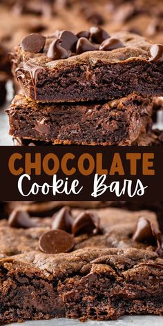 chocolate cookie bars stacked on top of each other with text overlay that reads, chocolate cookie baus