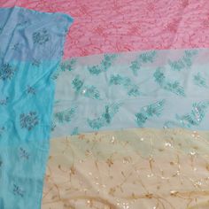 "\" YOU WILL GET WHAT YOU SEE\" Width: 42\" Length : 17\"-17.5\" each pc Total Length: 2 yards Total Pc/Design : 4 ( 17\" x 42\" each) This listing for Bundle of pastel pink ,yellow, blue and mint green color theme remnant Embroidered sari fabrics. Embroidered fabrics are worked using silk/viscose thread and gold thread on different kind of art silk fabric material. These beautiful fabrics can be used for designing stylish blouses, shrugs, skirts, tunics, festive wear, wedding wear and dresses. Fabric Junk Journal, Pc Design, Stylish Blouses, Boho Embroidery, Different Kinds Of Art, Beautiful Fabrics, Bag Sewing, Boho Bags, Indian Embroidery