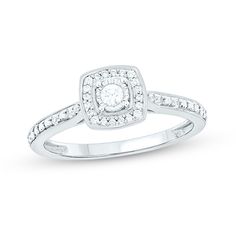 Lead the way in your romance with this darling diamond cushion frame promise ring. Fashioned in sterling silver A cushion-shaped frame of diamonds surrounds the center stone - artfully set to enhance size and sparkle. Diamonds shimmer along the bead-detailed shank to complete this 1/6 ct. t.w. diamond design. Anniversary Cushion Cut Halo Ring With Diamond Accents, White Diamond Ring With Cushion Cut And Diamond Accents, White Cushion Cut Diamond Ring With Accents, Silver Halo Ring With Diamond Accents And Cushion Cut, Silver Cushion Cut Halo Ring With Diamond Accents, White Cushion Cut Halo Ring With Diamond Accents, Cushion Cut Diamond White Promise Ring, Diamond White Cushion Cut Halo Ring For Promise, Cushion Cut Diamond Promise Ring With Halo Setting