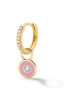 A timeless classic with the perfect mix of color and sparkle. Round charm features a white diamond center with your choice of enamel color. Choose between plain gold or pavé white diamond huggie. Yellow Gold Enamel Huggie Jewelry, Fine Jewelry Enamel With Diamond Accents, Enamel Jewelry With Diamond Accents, Luxury Single Diamond Huggie Jewelry, Luxury Huggie Earrings With Single Diamond, Gold Enamel Jewelry With Bezel Setting, Enamel Huggie Jewelry Gift, Rose Gold Enamel Fine Jewelry, White Huggie Jewelry With Diamond Accents