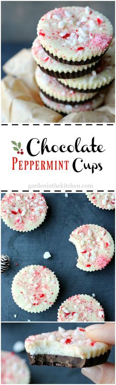 chocolate peppermint cups are stacked on top of each other