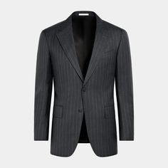 This dark grey striped suit is cut to a tailored fit, featuring a slim chest and waist, padded shoulder, and wide notch lapel. Paired with wide-leg tapered trousers, it has a high-rise, single pleat, and belt loops. Striped Suit, Italian Suit, Linen Suits, Classic Suit, Tuxedo Suit, Tapered Trousers, 3 Piece Suits, Wedding Suits, Suspenders