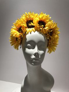 Sunflower Flower Fascinator- Yellow Headband- Mad Hatter Party- Tea Party- Kentucky Derby- Wedding Garden Party Hello, This headpiece is made with 6 sunflower that are about 5 inches wide. Flowers are tilted for extra height. Perfect for fall and anyone who loves sunflowers. It is attached to a black covered skinny headband and is adjustable. Leaves finish off the back. It's very comfortable and will fit any size head. 10 to 90! I've been making hair pieces over 20 years. I love what I do and I Summer Adjustable Headpiece With Handmade Flowers, Summer Handmade Flower Hair Accessories, Summer Adjustable Handmade Flowers Headband, Summer Adjustable Headband With Handmade Flowers, Adjustable Summer Headband With Handmade Flowers, Whimsical Summer Headband With Handmade Flowers, Adjustable Flower Headband For Summer, Adjustable Yellow Headpieces For Summer, Adjustable Yellow Headpiece For Summer