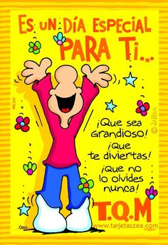 a cartoon character with his arms up in the air, and words below him that read es unida especial para ti