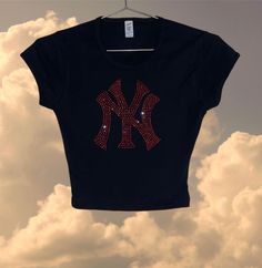 NY New York baseball inspired rhinestone design on  black  CAP SLEEVE BABY RIB CROP TOP Los Angeles apparel t shirt  Made in Los Angeles Hip Hop Letter Print Stretch Tops, Hip Hop Style Letter Print Stretch Tops, Casual Rhinestone T-shirt For Summer, Black Stretch Pre-shrunk Tops, Black Stretch Tops, Black Rhinestone T-shirt For Streetwear, Fitted Black T-shirt With Rhinestones, Black Cropped T-shirt With Letter Print, Y2k Stretch Tops With Rhinestones