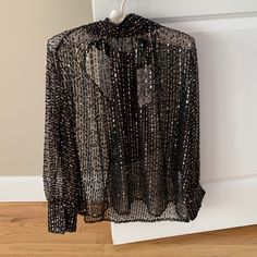 New Zara Black Shirt With Black And Light Gold Beads. V Neck In The Back With Tying Straps. Tag Attached Black Embellished Shirt For Party, Elegant Black Embellished Shirt, Chic Embellished Evening Tops, Chic Sequined Blouse For Party Season, Glamorous Embellished Fall Blouse, Glamorous Fall Embellished Blouse, Elegant Sequined Tops For Fall, Chic Embellished Long Sleeve Tops, Chic Embellished Blouse For Workwear