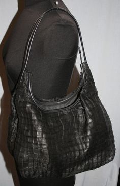 "Welcome!  Here you will find a vintage Desmo black purse / handbag.  It has a \"checked\" accordion fabric chiffon outer shell.  Inside it has a small zippered pocket.   It is in excellent condition - no damage.  It measures 12\" wide x 4\" deep x 12\" tall with a strap drop of 10\"." Vintage Black Hobo Shoulder Bag, Black Vintage Hobo Shoulder Bag, Vintage Hobo Shoulder Bag For Evening, Vintage Hobo Satchel Bag For Evening, Vintage Hobo Tote Bag For Evening, Chiffon Outer, Large Handbag, Black Purse, Large Handbags