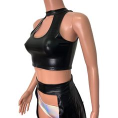 High-neck cutout crop top with sexy keyhole front. This top fits men or women for a unisex rave style. Made of 4-way stretch spandex. We can make this top in any of our 60+ fabrics if you request it in the personalization box! Please refer to the Women's size chart with your chest/bust measurement for sizing. Punk Style Stretch Cropped Tops, Edgy Stretch Crop Top, Punk Style Cropped Stretch Tops, Stretch Cropped Punk Tops, High Stretch Cropped Top For Club, Edgy Fitted Halter Crop Top, Fitted Cropped Punk Tops, Punk Style Cropped Fitted Top, Edgy High Stretch Crop Top For Night Out