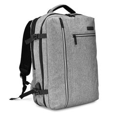 a gray backpack with black straps and zippers on the front, sitting upright against a white background