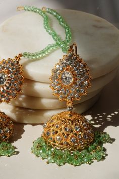 Tania - Lightweight Jhumka With Beaded Tana Chain - Inaury - Gold & Sage Green - Paan Shaped Top - 2 - AC - AC Earrings - All Hanging Beads, Pakistani Jewelry, Every Step You Take, Jhumka Earrings, Gold Light, Classic Gold, Modern Elegance, One Light, Mint Green