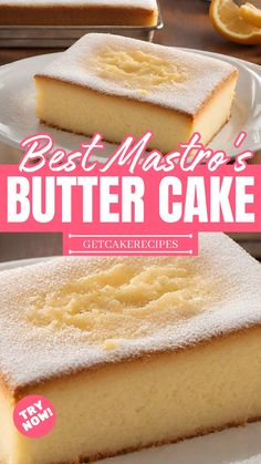 two slices of butter cake sitting on top of a white plate with the words best masting's butter cake