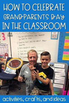 an older man and young boy are posing for the camera in front of a classroom