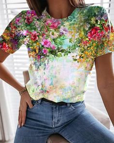 US$ 22.95 - Floral Flower Printed Short Sleeve T-shirt Loose Top - m.zicopop.com T Shirt Material, Flower Print Shirt, Flower Print Top, Kawaii Harajuku, Harajuku Outfits, Flower Fashion, Top Casual, Flower Shop, Womens Fashion Casual