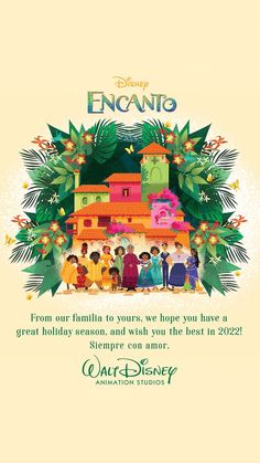 the poster for disney's enanto is shown in green and orange colors