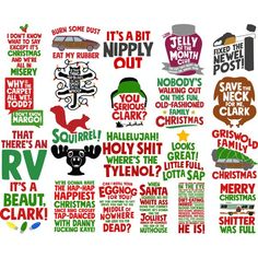 an assortment of typogramic designs for various holiday greetings, including santa's sleigh