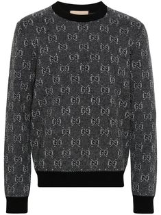 grey wool knitted construction signature GG Damier jacquard contrasting trim crew neck long sleeves ribbed cuffs and hem straight hem Black Designer Gucci Sweater, Gucci Designer Black Sweater, Black Gucci Designer Sweater, Luxury Winter Sweatshirt, Gucci Winter Sweatshirt With Ribbed Cuffs, Gucci Sweatshirt With Ribbed Cuffs For Winter, Winter Gucci Sweatshirt With Ribbed Cuffs, Gucci Long Sleeve Winter Sweatshirt, Black Luxury Jacquard Knit Sweater