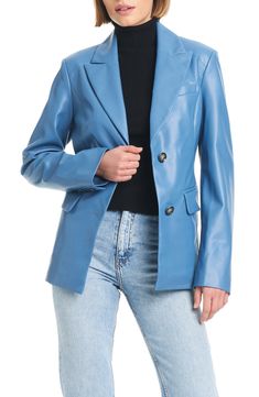 A faux leather blazer brings business in the front and a party in the back for the ultimate day-to-night look. 27" length (size Medium) Notched lapels Lined 100% rayon with 100% polyurethane coating Machine wash, tumble dry Imported Trendy Fitted Blazer With Double Button, Trendy Fitted Blazer With Double Button Closure, Fitted Trendy Blazer With Double Button Closure, Chic Leather Blazer With Snap Buttons, Spring Leather Blazer With Button Closure, Fitted Faux Leather Classic Blazer, Fitted Classic Faux Leather Blazer, Leather Blazer With Snap Buttons For Office, Office Leather Blazer With Snap Buttons