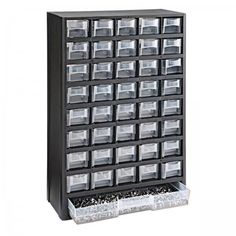 a black storage cabinet filled with lots of plastic bins and screwdriver bits