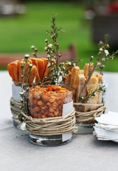 small baskets filled with food sitting on top of a table