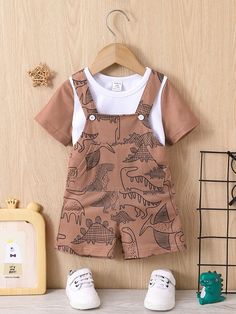 Multicolor  Collar Short Sleeve  Colorblock,Dinosaur  Embellished Slight Stretch  Baby Boys Clothing Clothes, Overall Romper, Dinosaur Print, Baby Sets, Collar, T Shirt