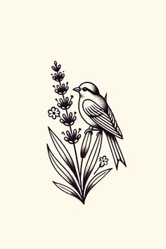 a black and white drawing of a bird sitting on top of a plant with flowers