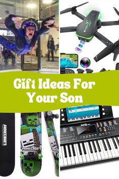 a collage of photos with the words gift ideas for your son on it and an image of a man playing piano