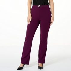 C Wonder by Christian Siriano Flare Leg Pant with Belt  Elevate your everyday style with this knit crepe flare leg pant! Designed with a chic, detachable pearl buckle belt and a full elastic waistband, these comfy yet stylish pants are perfect for work or play. Whether you dress them up or down, you'll love the way you look and feel. Elegant Belted Straight Leg Dress Pants, Elegant Straight Leg Belted Dress Pants, Elegant Belted Dress Pants For Work, Chic Belted Straight Leg Dress Pants, Chic Stretch Belted Bottoms, Elegant Bottoms With Belt For Night Out, Elegant Belted Bottoms For Fall, Elegant Fall Belted Bottoms, Elegant Bottoms With Belt For Work