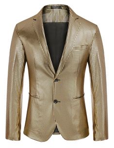 PRICES MAY VARY. Sparkle blazer ---- This men's casual blazer is made of high-quality materials, superb craftsmanship and gorgeous appearance which show your taste and personality. Stylish design ---- The bright colors, glowing fabric make up the rock 70s style suit jacket. This shiny blazer made by regular fit, peak lapels, two-button closure, two real pockets and one inside pocket. Easy Matching ---- This metallic jacket can be paired with a formal shirt, bow tie and dress pants for daily acti Gold Blazer For Office In Spring, Gold Spring Blazer For Office, Gold Blazer With Suit Collar For Formal Occasions, Gold Tailored Single Breasted Blazer, Gold Single Breasted Blazer For Winter, Gold Long Sleeve Blazer For Winter, Gold Single Breasted Blazer For Party, Winter Gold Single Breasted Blazer, Gold Single-breasted Blazer For Winter