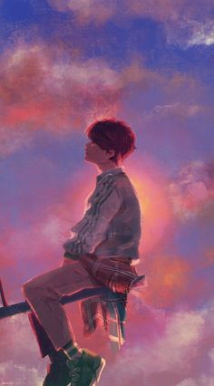 a painting of a person sitting on top of a pole in the sky with clouds