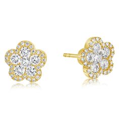 18K yellow gold diamond flower earrings from the Reis-Nichols Collection. The earrings feature 62 round brilliant cut diamonds weighing .84 ctw. Yellow Gold Flower Earrings With Brilliant Cut, Luxury Yellow Gold Flower Shaped Cluster Earrings, Diamond Flower Yellow Gold Earrings, Yellow Gold Diamond Flower Earrings With Accents, Yellow Gold Flower-shaped Diamond Earrings With Accents, Flower Shaped Diamond Earrings In Yellow Gold, Flower Shaped Yellow Gold Cubic Zirconia Diamond Earrings, Yellow Gold Flower-shaped Cubic Zirconia Diamond Earrings, Yellow Gold Flower Diamond Earrings With Brilliant Cut