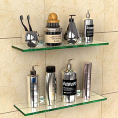 two glass shelves filled with different types of personal care items and toothbrushes on them