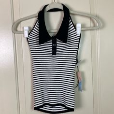 Nwt Witty Fox Medium Black And White Striped Halter Style Top With A Collar In Black Approximately Ptp: 14” To 20” Length: 19” Black And White Fitted Tops For Summer, Fitted Black And White Summer Tops, Fitted Black And White Tops For Summer, Fitted Black And White Tops For Day Out, Fitted Black And White Sleeveless Top, Fitted Sleeveless Black And White Top, Collar Halter Top, Turtle Neck Crop Top, Tie Front Cardigan