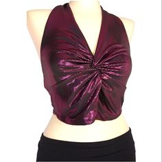 Nwt {Paperoc} Metallic Pink Halter Crop Top Stretchy Material Size: Xl Materials: 95% Polyester 5% Spandex Summer Purple Halter Top For Night Out, Purple Halter Top For Summer Nights, Purple Halter Top For Night Out In Summer, Purple Halter Neck Top For Party, Trendy Purple V-neck Crop Top, Fitted Purple V-neck Crop Top, Fitted V-neck Purple Crop Top, Purple Halter Neck Crop Top, Purple Sleeveless Crop Top For Night Out