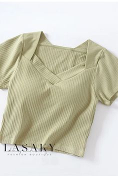 Lasaky - Stylish Womens Ribbed V-Neck Short-Sleeve Tee: Enhanced with Built-in High-Waist Cami for Elegant Layering Cheap Casual Mango Tops, Cheap Beige Forever 21 Tops, Khaki V-neck Top For Summer, Khaki V-neck Top For Spring, Khaki Cotton V-neck Top, Green Ribbed V-neck Crop Top, Stretch V-neck Solid Color Crop Top, Stretch V-neck Crop Top Solid Color, Stretch V-neck Crop Top In Solid Color