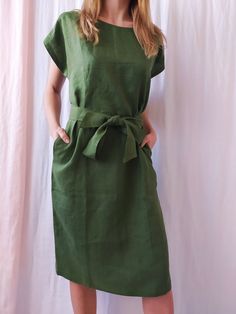 "Linen dress for women, it's elegant, minimalist, and is sure to compliment every occasion, from formal gatherings to outings with friends. Made from 100% European flax, length is ± 110 cm (43\") Before placing an order, check the approximate measurements given below. If you are unsure about your size or would like to adjust the length of the item, you could leave your personal measurements (height, bust, waist and hips) in a personalization box. SIZE and FIT Size XS Bust 85cm / Waist 66cm / Hip Elegant A-line Dress With Relaxed Fit, Elegant A-line Linen Dress With Pockets, Summer Plain Cotton Dress, Cotton Non-stretch Solid Color Midi Dress, Plain Cotton Summer Dress, Non-stretch Solid Color Dress For Daywear, Green Summer Dress With Straight Neckline, Casual Green Dress With Straight Neckline, Plain Cotton Midi Dress For Spring