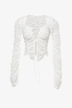 This White Distressed Lace-Up Crop Top is the ultimate blend of style and comfort for women who want to make a statement. With its ruched, textured design and long sleeves, this crop top adds a touch of edge with its distressed details and v-neck cut. The lace-up front allows for an adjustable fit, and the slightly see-through fabric adds a hint of allure. Stretchy and comfortable, this blouse is perfect for pairing with your favorite jeans or skirts for a trendy, laid-back look that works day a Trendy Long Sleeve Ruched Crop Top, Ruched Long Sleeve Crop Top For Party, Long Sleeve Ruched Crop Top For Party, Long Sleeve Ruched Crop Top For Summer, Fitted Textured Cropped Top, Textured Fitted Cropped Top, Crop Top For Women, Neon Dresses, Textured Design