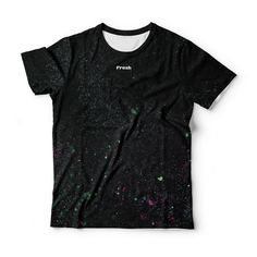 Black Cotton T-shirt With Paint Splatter, Black Graphic Tee T-shirt With Graffiti Print, Black Graphic Tee With Graffiti Print, Black Grunge T-shirt With Sublimation Print, Urban Multicolor Graffiti Print T-shirt, Graphic Tee With Paint Splatter For Streetwear, Black Graphic Tee With Custom Sublimation Print, Graphic Tee With Paint Splatter And Short Sleeves, Casual Black Sublimation Design With All Over Print