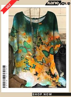 Women's Plus Size Shirt Blouse Linen Floral Daily Vacation Weekend Dolman Sleeve Yellow Red Blue Print Short Sleeve Vintage Streetwear Holiday Crew Neck Regular Fit Summer Spring Stylish Outfits For Women Over 50, Plus Size Shirt, Fit Summer, Bee Jewelry, Vintage Streetwear, Women Shirts Blouse, Plus Size Shirts, Butterfly Print, Blue Print