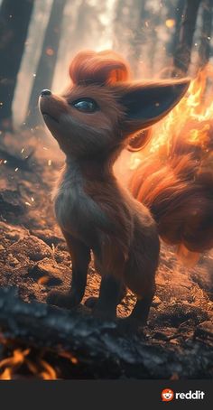 a small fox standing in the middle of a forest with fire coming out of its mouth