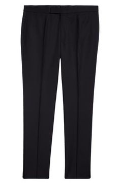 Elevate your formal or evening look with these tuxedo pants impeccably tailored from a refined wool-and-mohair blend and finished with satin side stripes. Zip fly with hook-and-bar tab closure Side-seam pockets; back welt pockets Cupro lining 84% wool, 16% mohair Dry clean Made in Turkey Designer Clothing Black Tailored Pants For Black-tie Events, Black Wool Bottoms For Evening, Tailored Black Suit Trousers, Black Tailored Suit Trousers, Black Tailored Trousers Suit, Black Wool Straight Dress Pants, Elegant Suiting Fabric Dress Pants With Flat Front, Elegant Flat Front Dress Pants In Suiting Fabric, Black Tuxedo Style Dress Pants For Formal Occasions