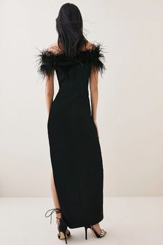 Feather Off The Shoulder Stretch Crepe Maxi Dress | Karen Millen Crepe Maxi Dress, Latest Maxi Dresses, Maxi Dress Collection, Shoulder Stretch, Bardot Dress, Pointed Heels, Stretch Crepe, Karen Millen, Crepe Fabric